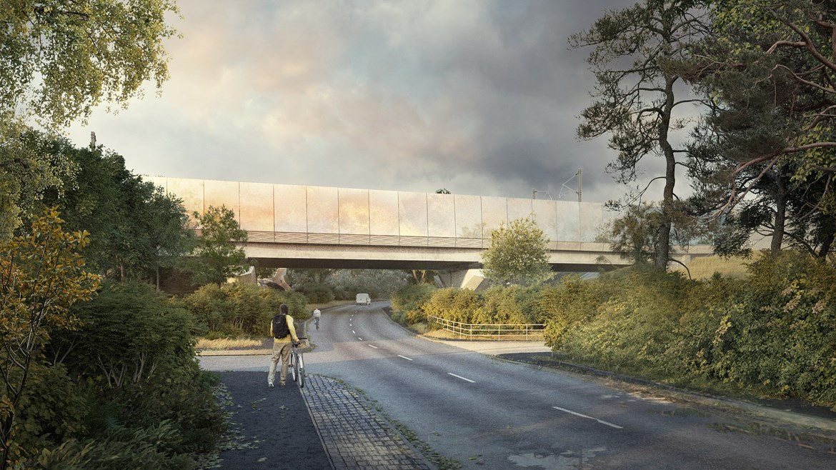 HS2 asks local community to vote on Balsall Common Viaduct design details: Balsall Common viaduct over Station Road looking north - current design - polished concrete with pattern