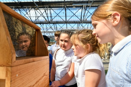 Year 3 pupils from Robert Ferguson Primary School look inside an observation bee hive