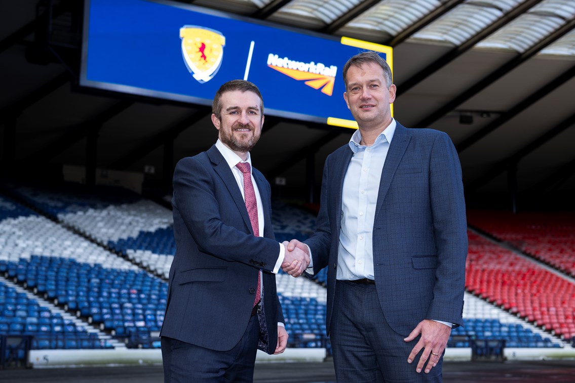 Network Rail Scottish FA partnership 4: GLASGOW, SCOTLAND - FEBRUARY 29: Network Rail Scotland Route Director Liam Sumpter and SFA Managing Director Ian Maxwell announce a three-year partnership between Network Rail and the Scottish Football Association at Hampden Park, on February 29, 2024, in Glasgow, Scotland. (Photo by Paul Devlin / SNS Group)