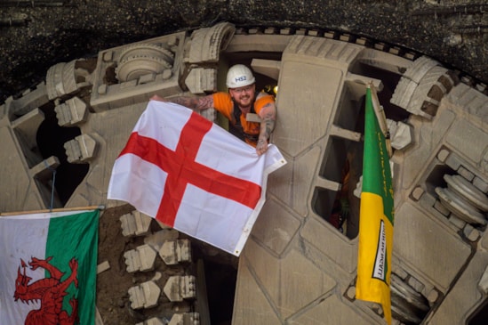 Flags waved through the front of TBM Elizabeth after her breakthrough at Washwood Heath Oct 2025: Flags waved through the front of TBM Elizabeth after her breakthrough at Washwood Heath Oct 2025