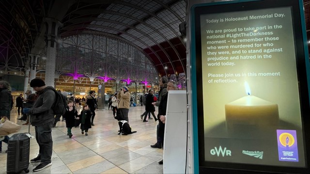 Network Rail and Great Western Railway to ‘Light the Darkness’ on Holocaust Memorial Day: Paddington Station on Holocaust Memorial Day 27 January 2023