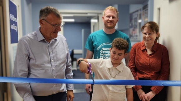 New Paediatric Audiology Outpatients officially opened at the Horton General Hospital: Sir Andrew Morris, Jamie French, Antony and his mother Mary at the opening of the new paediatric audiology facility at the Horton General Hospital