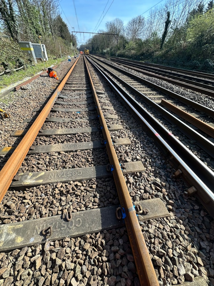 Replacing old rail at Gidea Park - brand new rail on the left