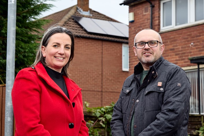 Leeds homeowners encouraged to apply for free solar panels and home insulation before scheme ends.: Councillor Helen Hayden meets a resident that has recently installed fully funded solar panels