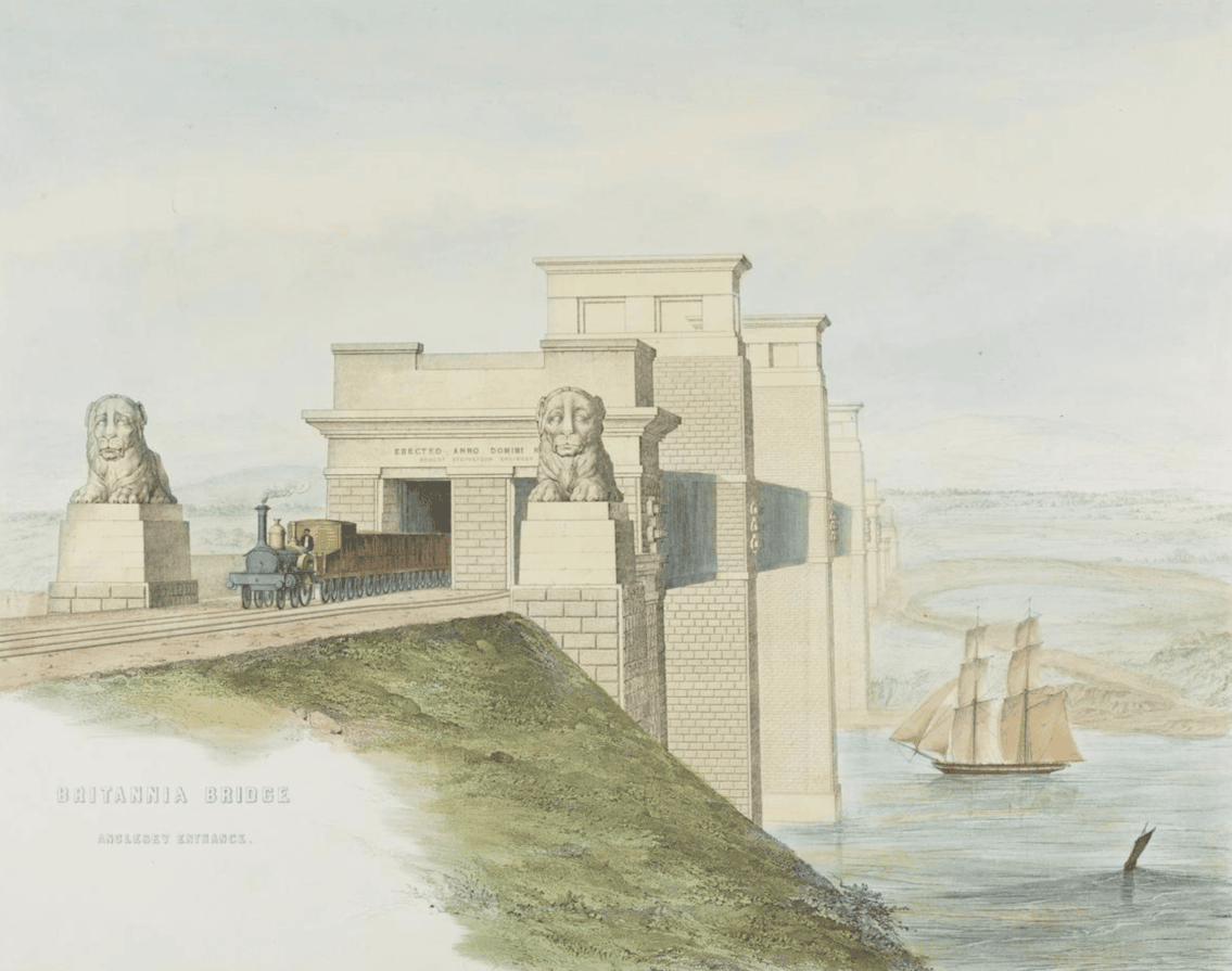 Britannia Bridge Lions standing guard - circa 1849 artwork - credit NRM York