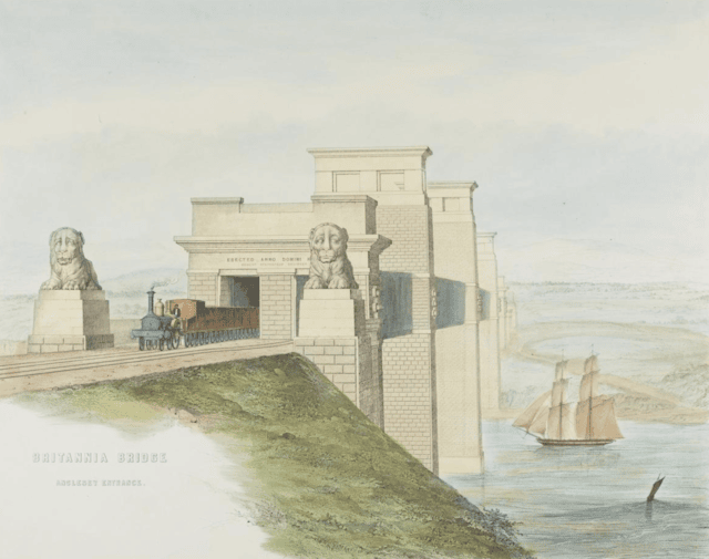 Britannia Bridge Lions standing guard - circa 1849 artwork - credit NRM York: Britannia Bridge Lions standing guard - circa 1849 artwork - credit NRM York
