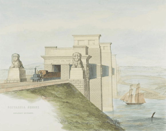 Britannia Bridge Lions standing guard - circa 1849 artwork - credit NRM York