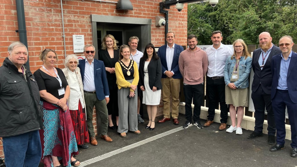 Opening event celebrates Derbyshire station accessibility scheme’s successful completion: Dignitaries at the official opening event, Alfreton station