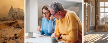 Couple planning rebuild after wildfire adobe stock 1541779238 and 550722493 and 617047591