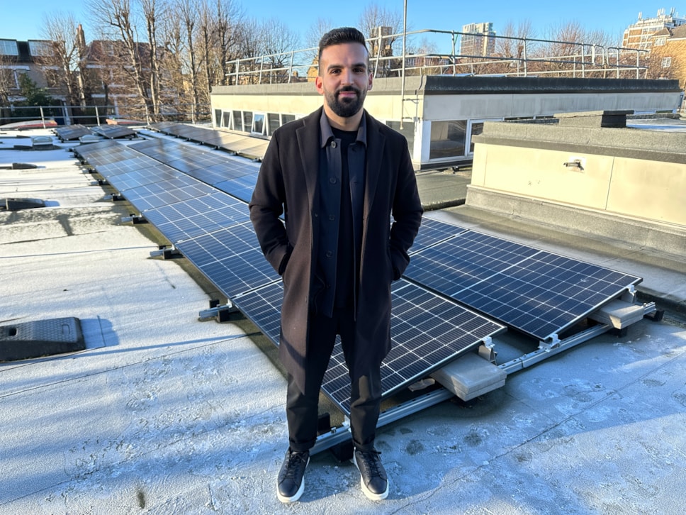 Cllr Mete Coban at one of Hackney Light and Power's solar projects in Hackney