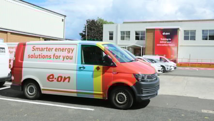 Exterior shot of E.ON's Net Zero Training Academy featuring E.ON branded van.