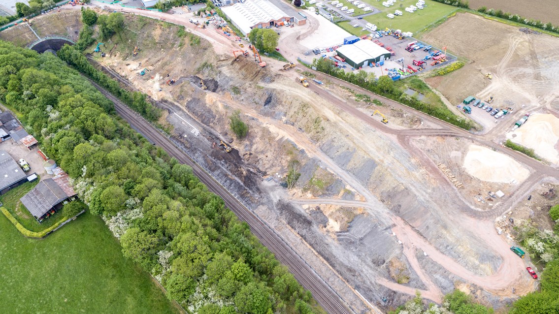 Major section of Chiltern main line secured from landslips: Harbury embankment aerial view 16x9