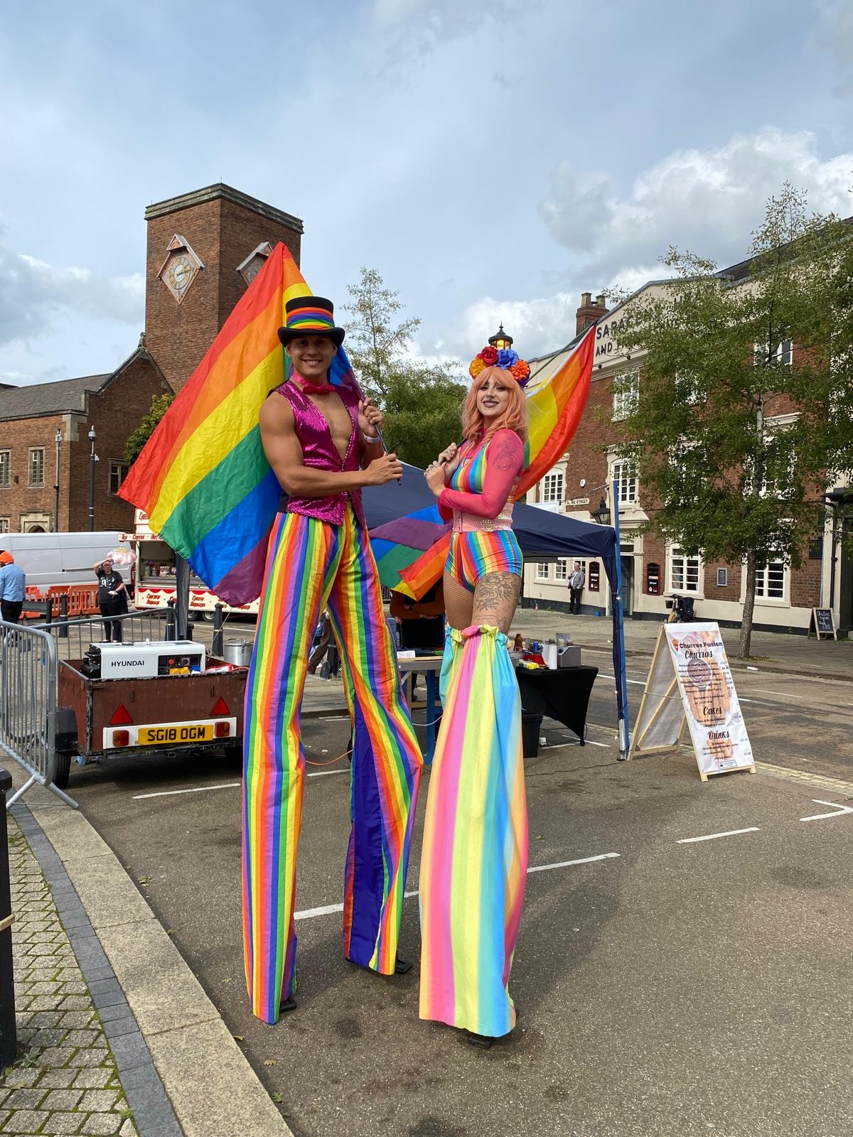 Stilt walkers from Code Red Entertainment in Dudley town