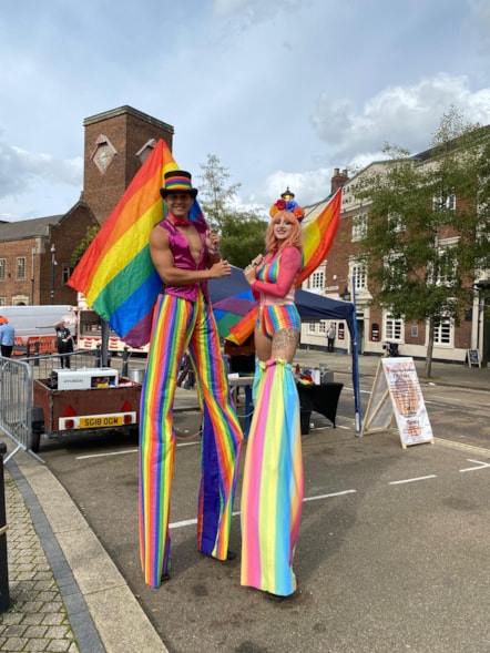 Stilt walkers from Code Red Entertainment in Dudley town