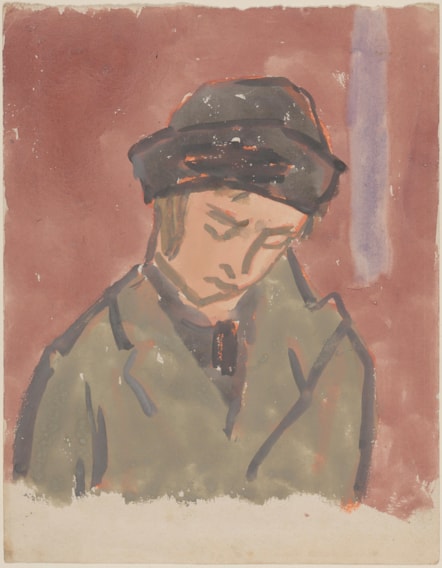 Gwen John's watercolour of a girl looking down, wearing a dark hat and an olive green coat, and set against a reddish background