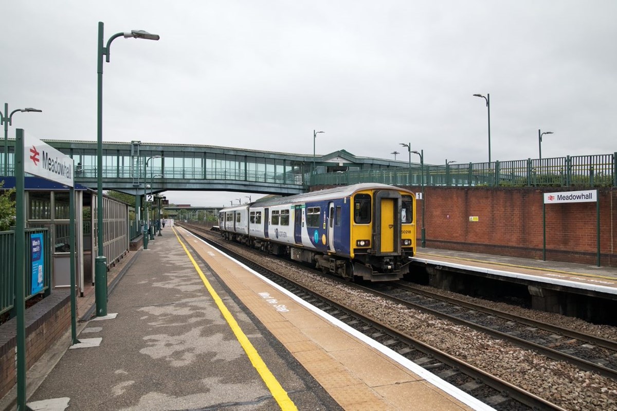 This image shows a Northern train waiting at Meadowhall station