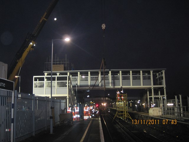 Sittingbourne Access For All footbridge: The new footbridge at Sittingbourne station is lifted into place as part of a multi-million pound investment to improve accessibility, funded through the government's Access for All scheme