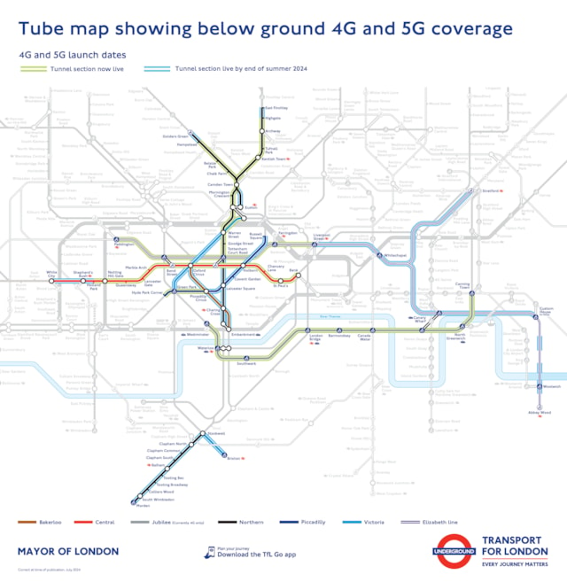 TfL Image - Tube map showing below ground 4G and 5G coverage July 2024