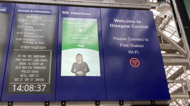 Scotland’s two busiest railway stations are first in UK to install British Sign Language screens: BSL screen Glasgow Central