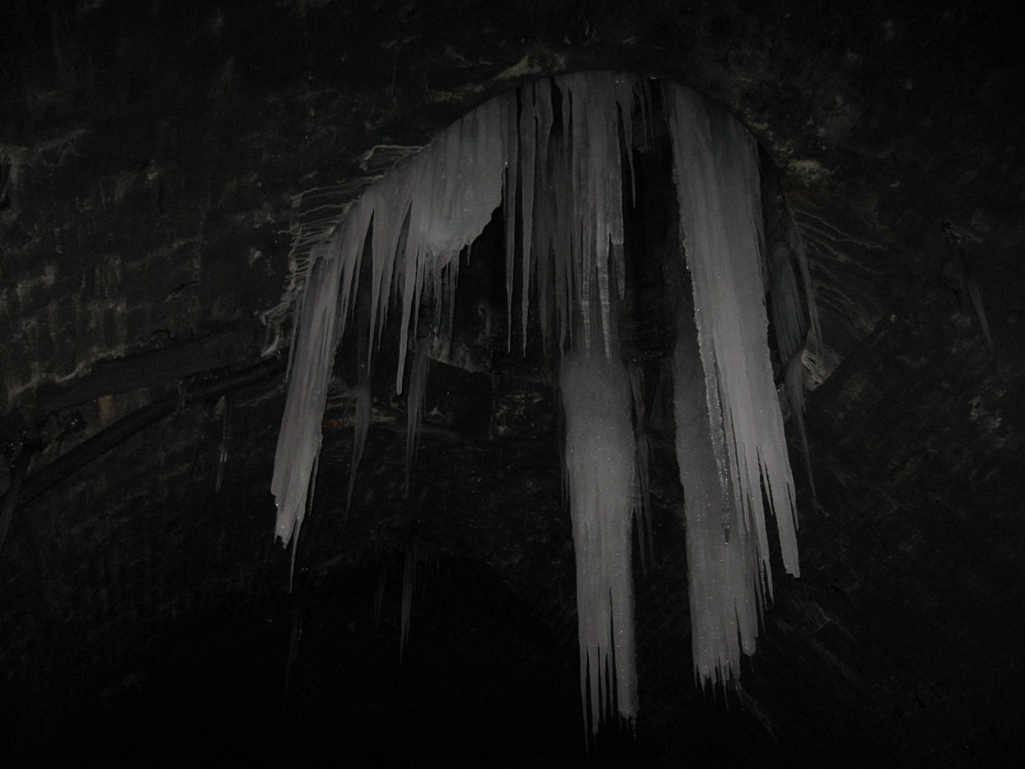 Icicles form in S&C tunnels_1: Icicles build up inside Blea Moor and Rise Hill tunnels, and rise up from the ground like stalactites and stalagmites.