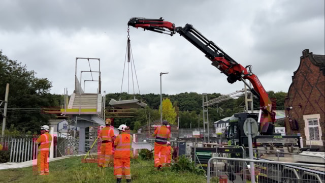 Concrete staircases being lifted at Longport station footbridge work August 2025: Concrete staircases being lifted at Longport station footbridge work August 2025