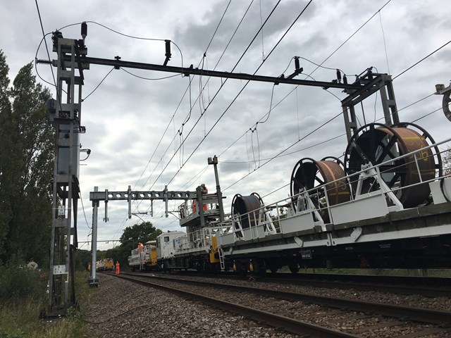 Southend Victoria line reopens on weeknights ahead of schedule following upgrades: Installing the first new overhead wires on the Southend Victoria line