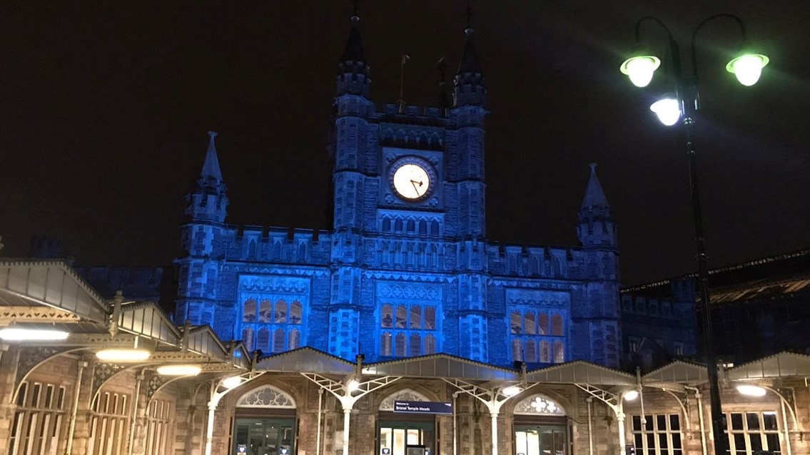 Bristol Temple Meads lit up in blue