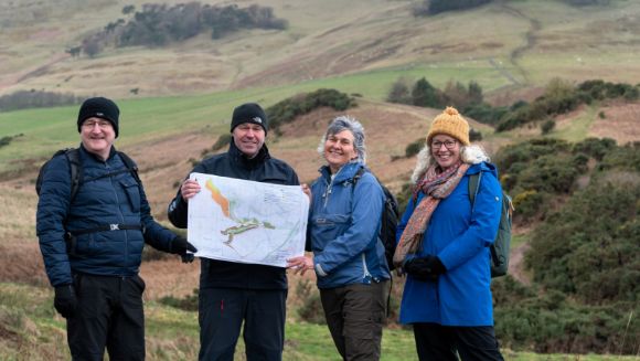 Forest and peatland restoration scheme sows seed for net zero: Rullion Green landscape (L-R) Dave Gorman, Grant Ferguson, Yvonne Edwards and Annie Yang - credit Julie Howden