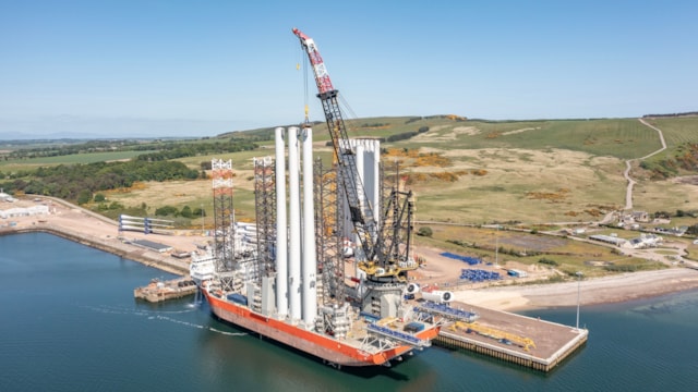 Seagreen WTG components on the East Quay at the Port of Nigg. Inner East Quay development area is left of the vessel. Image Credit to Seagreen Wind Energy Ltd