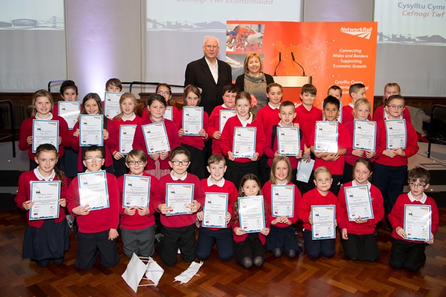 Woodland Commuity Primary School-Pierhead event: Woodland community primary school pictured with Pete Waterman and Torfaen AM Lynne Neagle