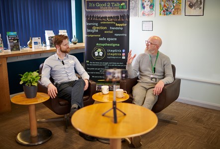 (Left to right): Simon Brooks (Avanti West Coast Station Manager at Runcorn), and Nathan James (Found of It's Good 2 Talk) in the community space at Runcorn