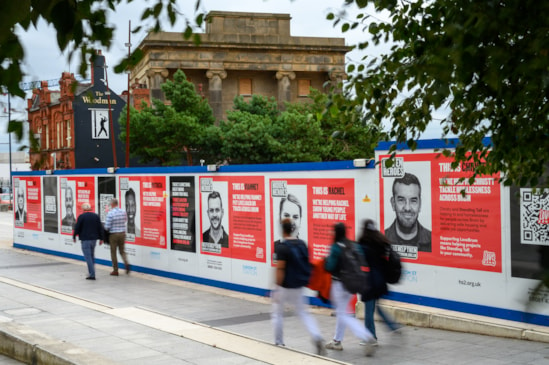 HS2's Love Brum hoardings with the old Curzon Street Station behind