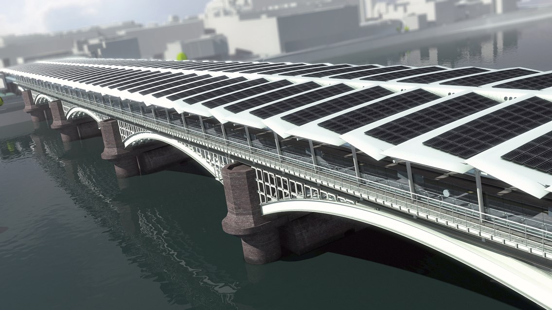 Blackfriars Solar Array: Artist's impression showing 4,000 solar panals on the roof of Blackfriars station, making it London's largest solar array (part of the Thameslink Programme)