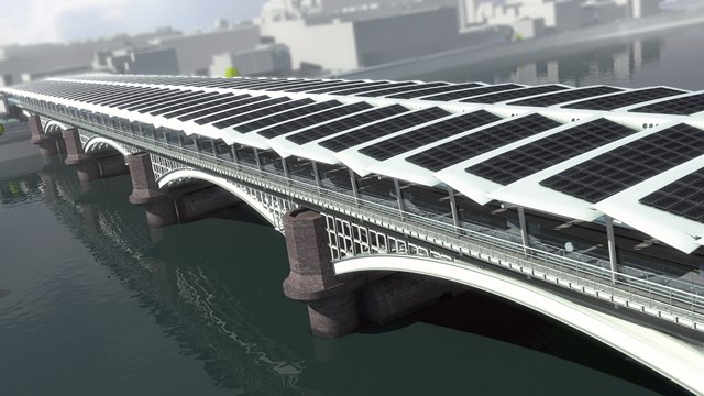 Blackfriars Solar Array: Artist's impression showing 4,000 solar panals on the roof of Blackfriars station, making it London's largest solar array