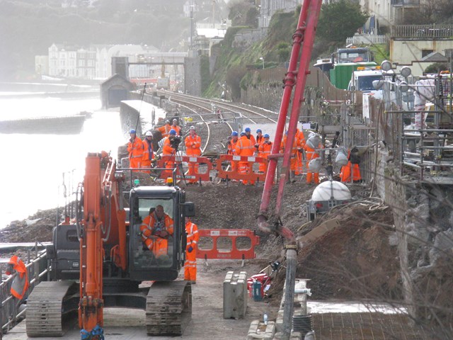 Repairs to the railway at Dawlish: Repairs to the sea wall at Dawlish