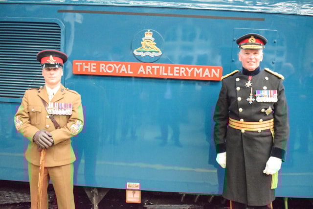 Royal Artillery Sergeant Major Alfie Lightfoot and Sir Andrew Gregory with Royal Artilleryman: Royal Artillery Sergeant Major Alfie Lightfoot and Sir Andrew Gregory with Royal Artilleryman