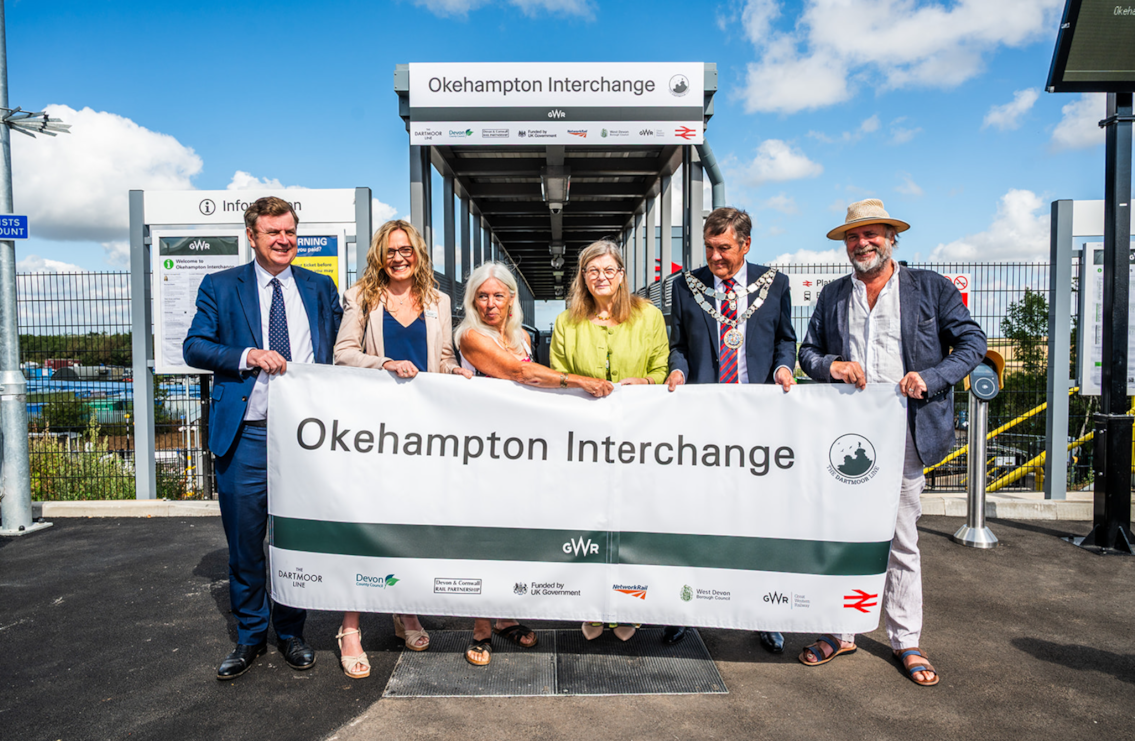 (L-R) Mel Stride MP, Joanna Grew, Jacqi Hodgson, Mandy Ewings, Mayor of West Devon Chris Edmonds and Cllr Julian Brazil at the opening of Okehampton Interchange- Credit: Devon & Cornwall Rail Partnership