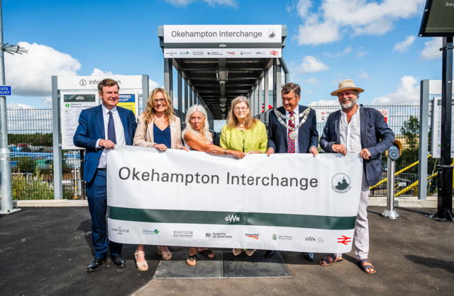 (L-R) Mel Stride MP, Joanna Grew, Jacqi Hodgson, Mandy Ewings, Mayor of West Devon Chris Edmonds and Cllr Julian Brazil at the opening of Okehampton Interchange- Credit: Devon & Cornwall Rail Partnership