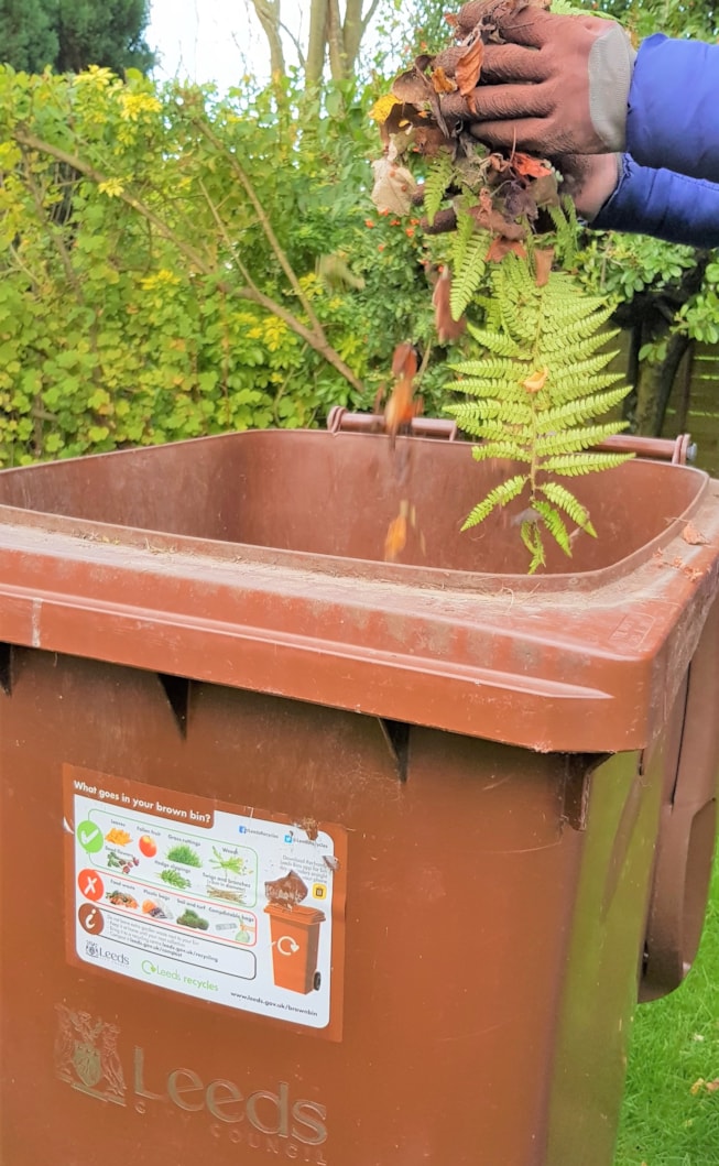 Close up brown bin with leaves falling: Close up brown bin with leaves falling