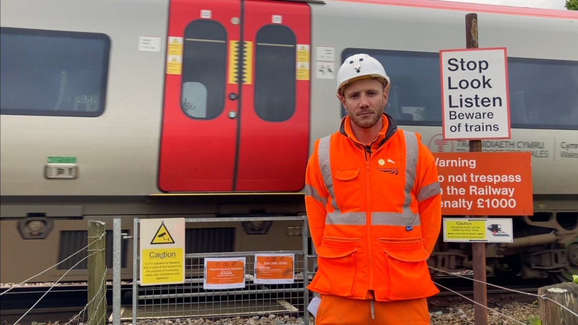 Level crossing users given safety reminder as additional services begin between Cardiff and Cheltenham: Network Rail level crossing manager Luke Cummings at a level crossing between Cardiff and Cheltenham, May 2024