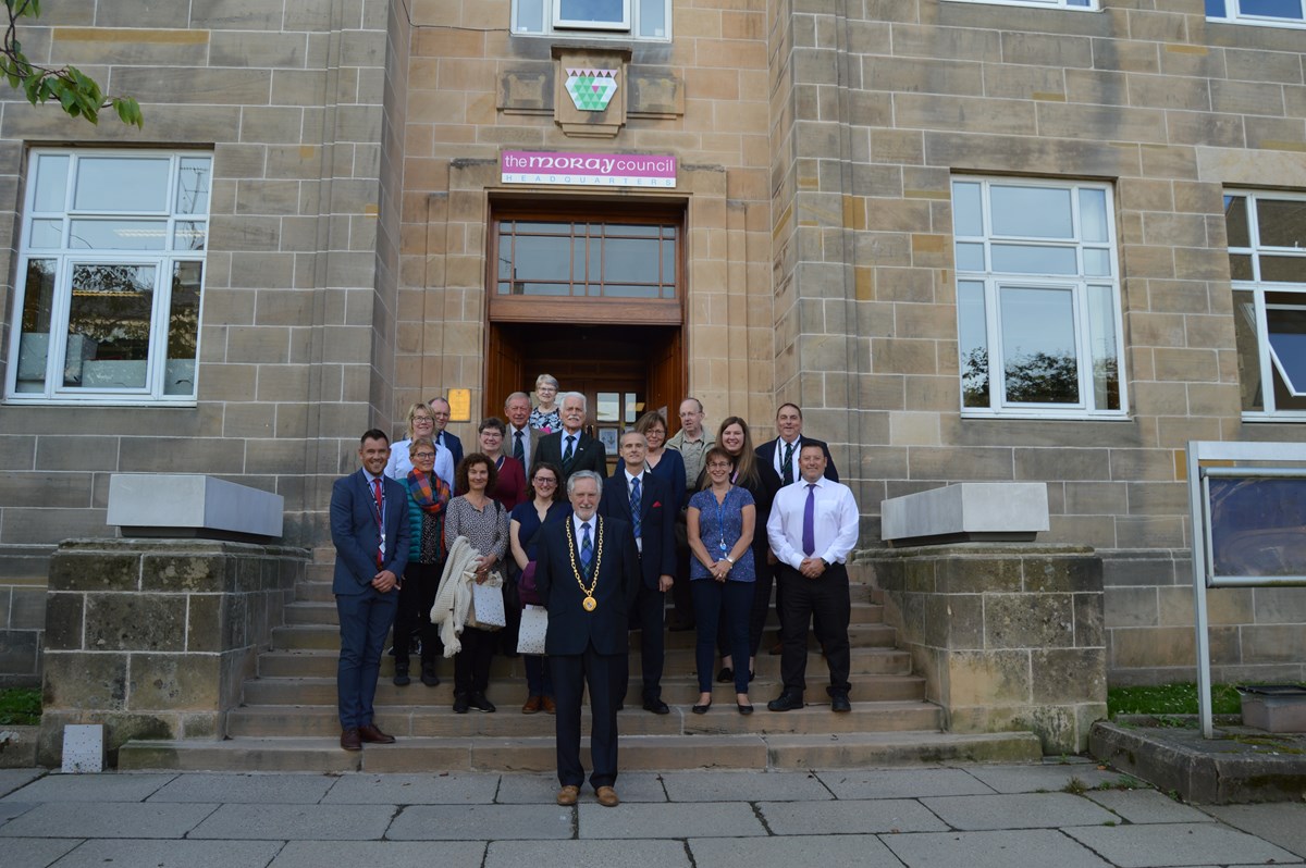 Landshut delegation meeting Civic Leader, Cllr John Cowe (centre), and Moray Councillors Sandy Keith, Kathleen Robertson (Council Leader), Amber Dunbar and James Allan with Head Teacher of Elgin High School (Hugh McCulloch) and Elgin Academy (Kyle Scott).