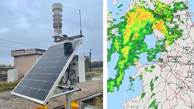 New solar powered weather watching tech keeps passengers moving: Weather station composite with heavy rain radar image