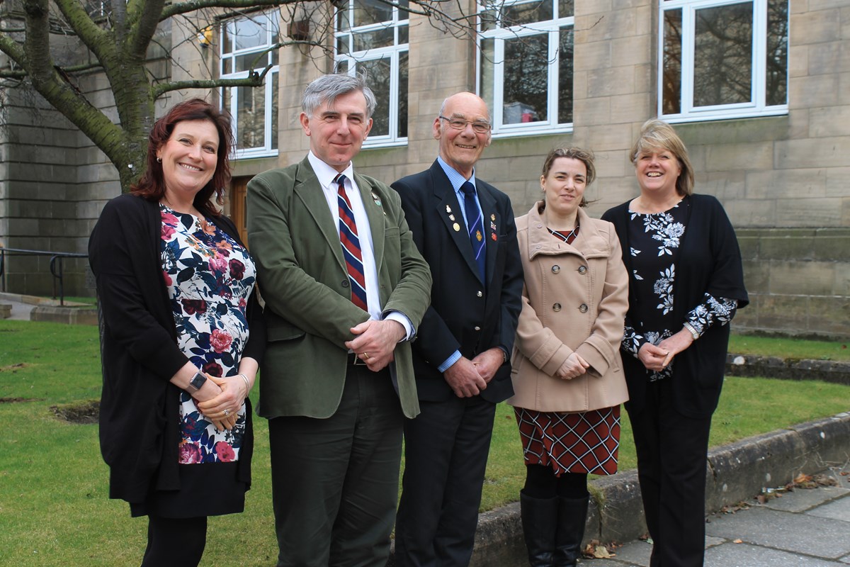 L-R: Sarah Riley-Evans; Cllr Donald Gatt; Eric Duguid (Army veteran, and  Chairman of the Royal British Legion Scotland, Forres Branch); Ruth Douglas  and Jo Lenihan. | Moray Council News