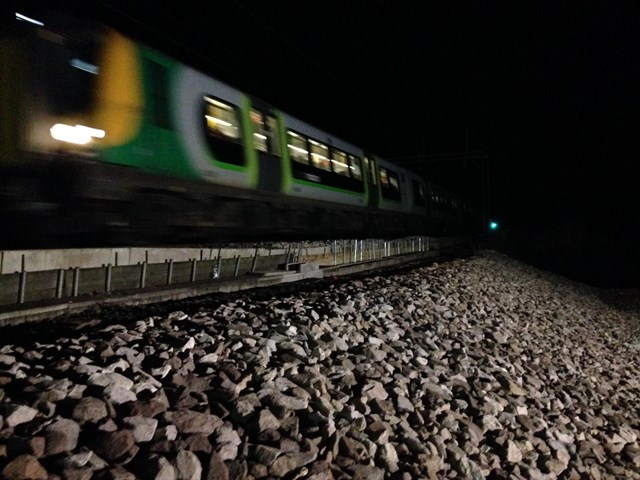 Network Rail reopens the railway at Leighton Buzzard six days after bank slip: 1st train at Leighton Buzard on new embankment 2