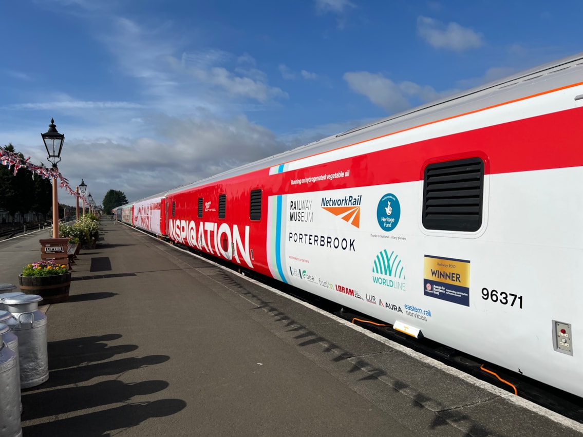 Railway 200 'Inspiration' exhibition train on the platform at Kidderminster Town station