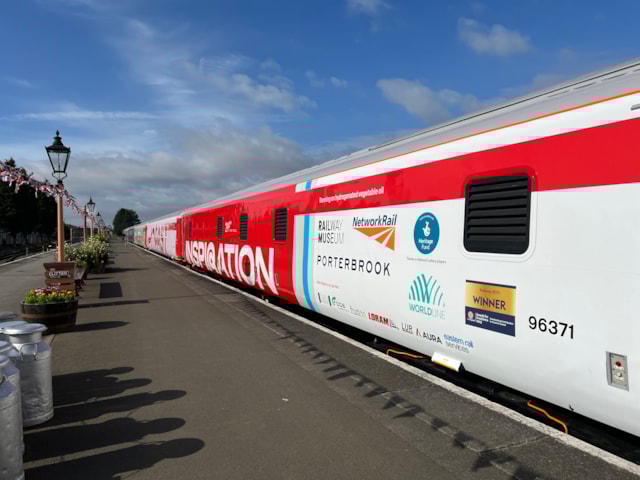 Railway 200 'Inspiration' exhibition train on the platform at Kidderminster Town station
