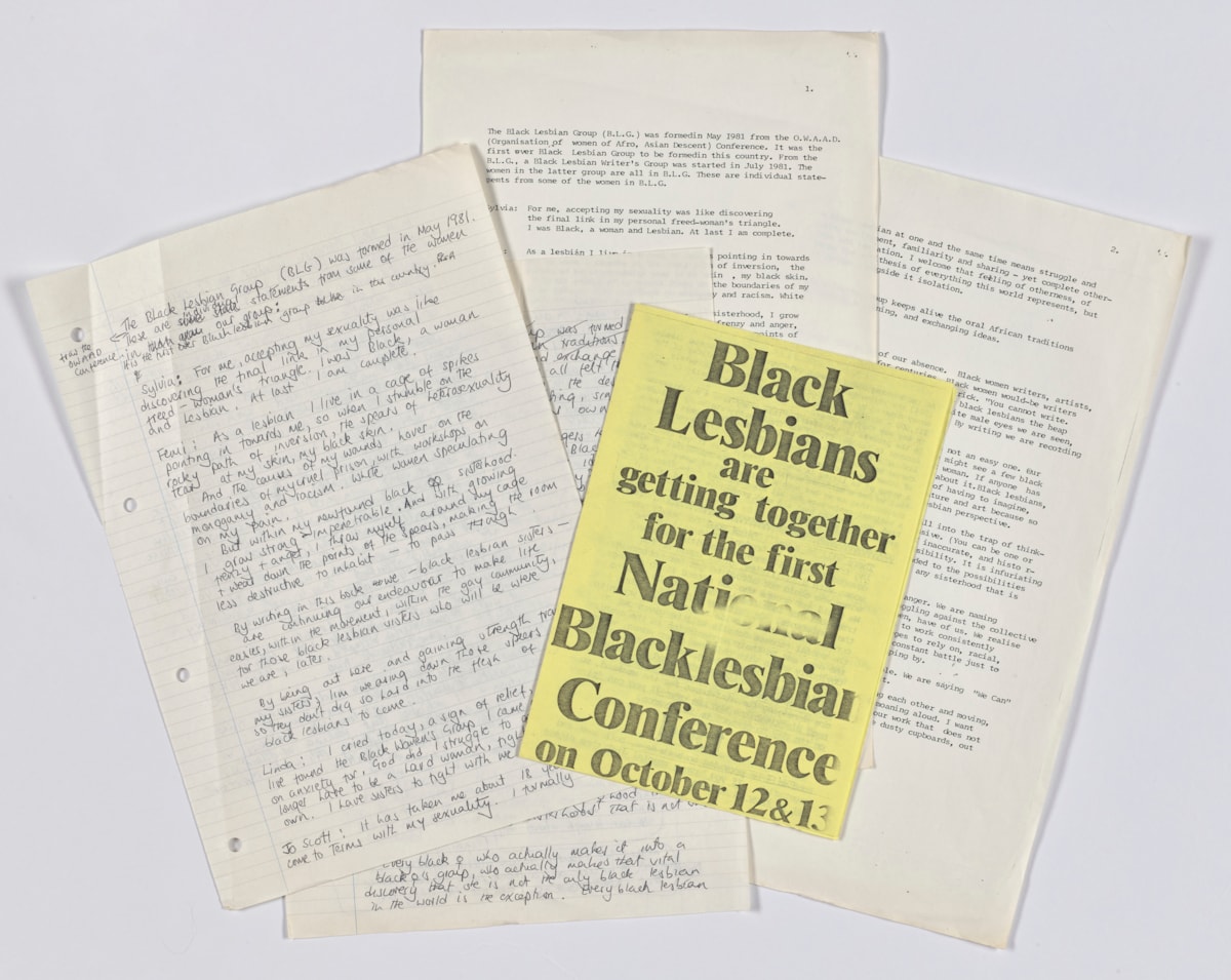 A collage of items relating to the Black Lesbian Conference from Jackie Kay's archive