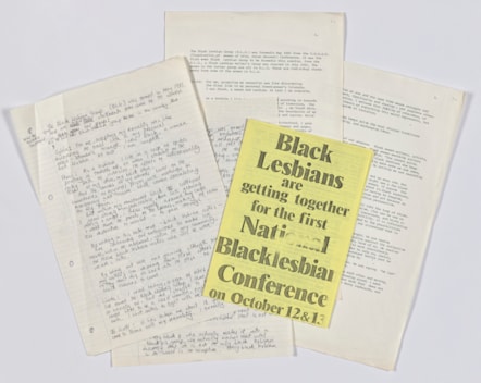 A collage of items relating to the Black Lesbian Conference from Jackie Kay's archive
