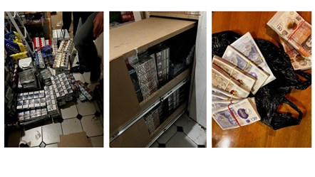 Some of the cash and cigarettes seized and a hidden compartment