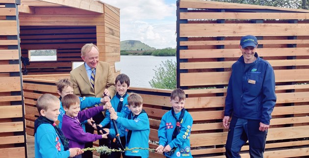 NatureScot Chair Mike Cantlay opens the Phoenix Hide at Loch Leven NNR with Kinross Beavers and Reserve Manager Neil Mitchell - credit NatureScot